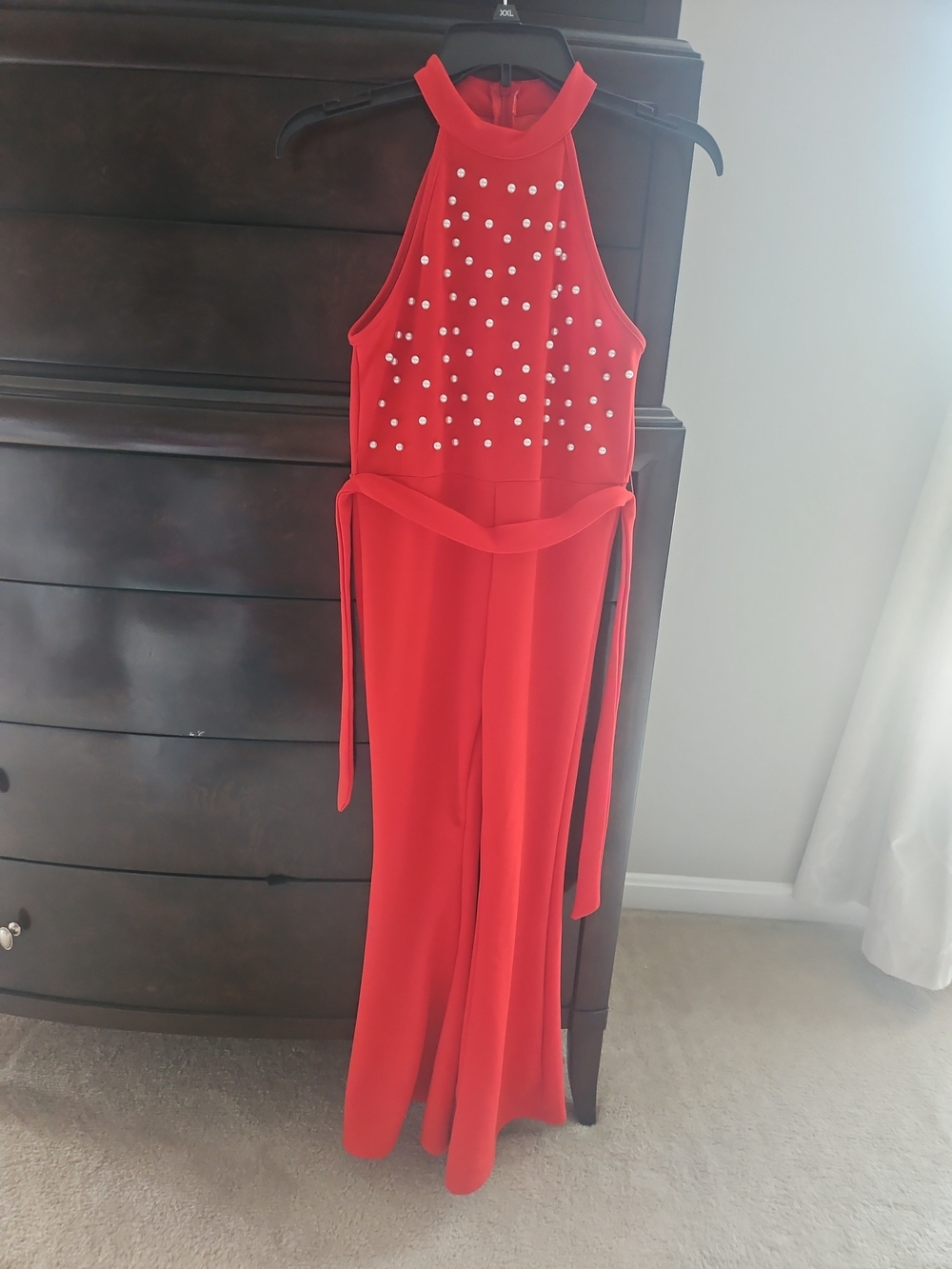 SHEIN Red Halter Jumpsuit with Pearl Embellishments